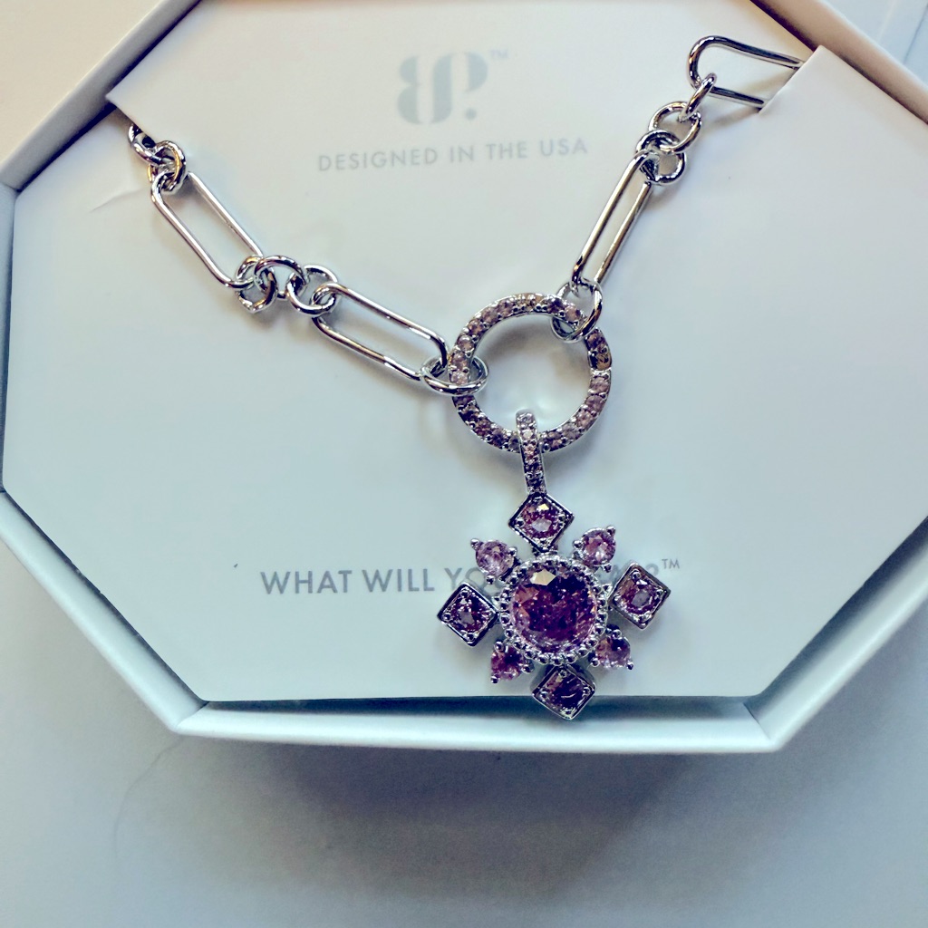 Elegant Silver And Pink Pendant Necklace